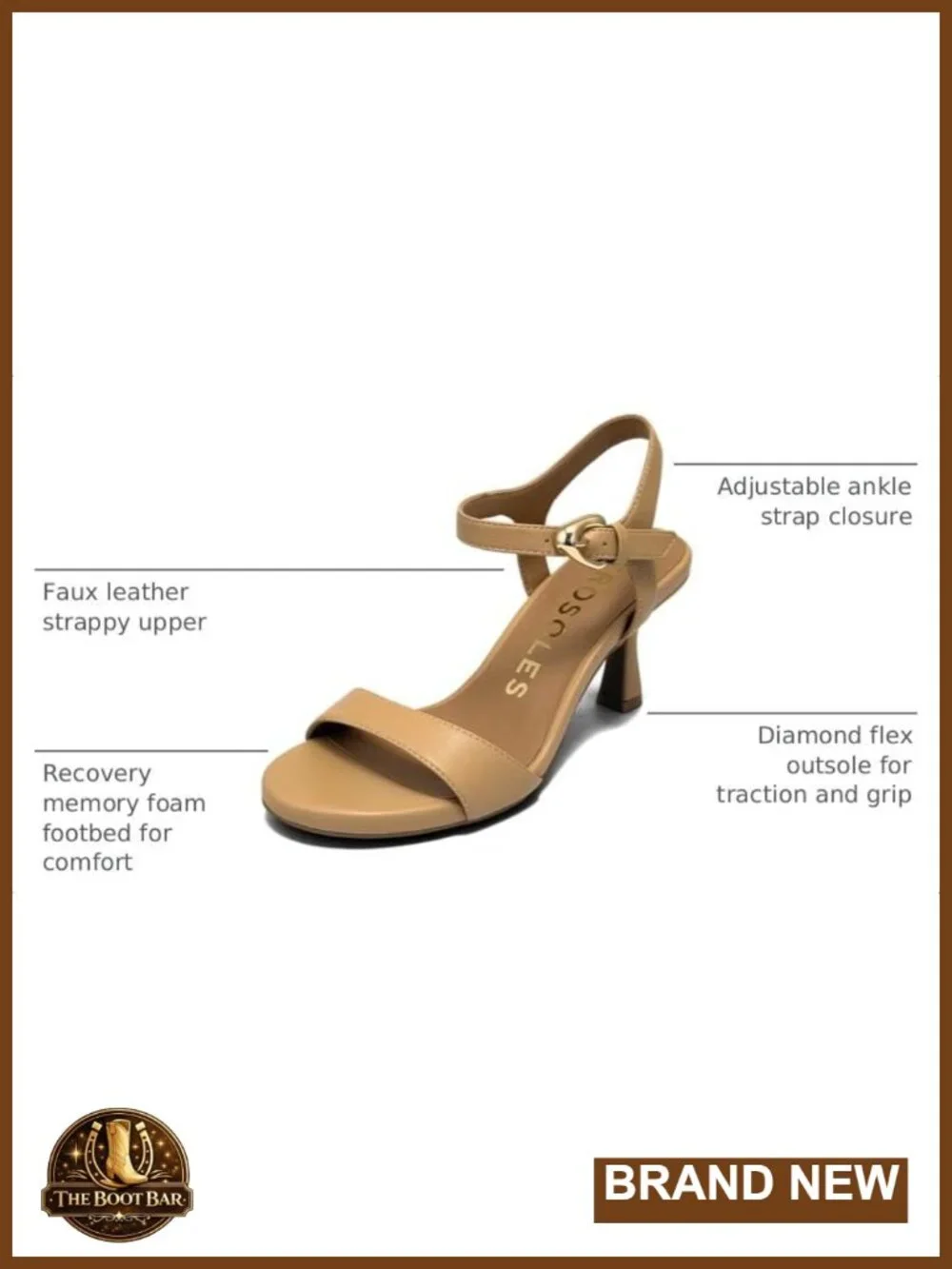 Heeled Sandals with Spool Heel Ankle Strap Faux Leather Memory Foam